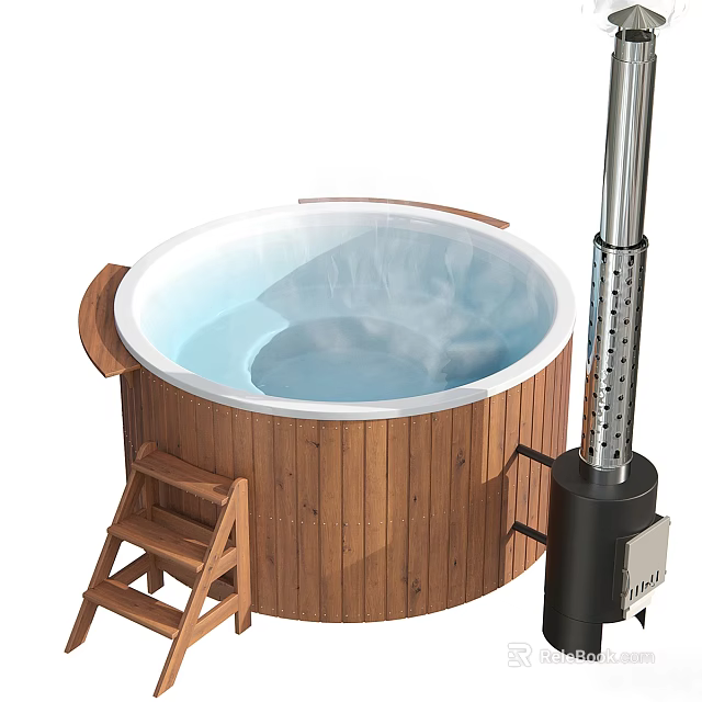 Round Wooden Sauna Barrel With Ladder And External Heating Unit For Relaxation 3d model 