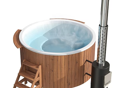 Round Wooden Sauna Barrel With Ladder And External Heating Unit For Relaxation 3d model