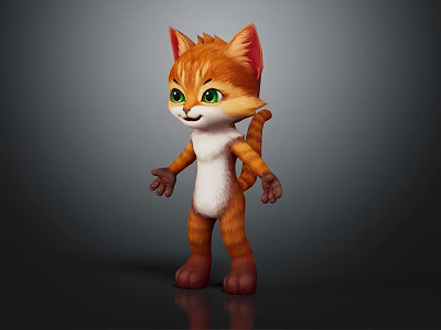 3D Cartoon Cat Character With Orange Fur White Belly Green Eyes Standing Pose 3d model