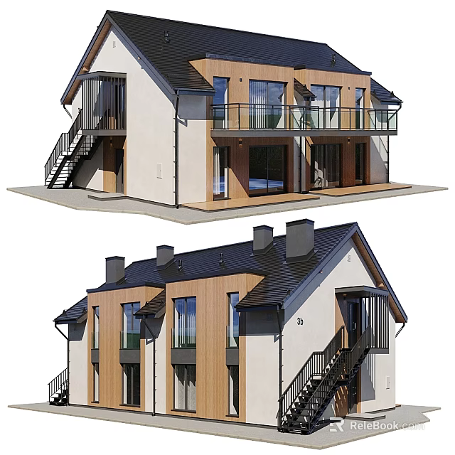 Modern Boutique Guesthouse Exterior With Wooden Facade Black Roof Balconies Large Windows And Staircase 3d model 