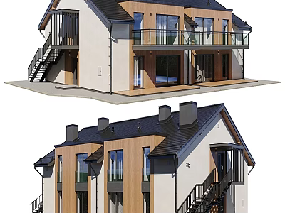 Modern Boutique Guesthouse Exterior With Wooden Facade Black Roof Balconies Large Windows And Staircase 3d model