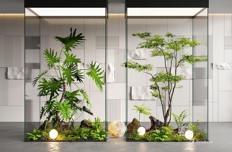 Indoor Landscape With Glass Enclosures Green Plants Stones Moss Floor Lights Light-Colored Geometric Walls 3d model 
