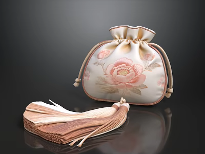 Beige Small Bag With Pink Flower Pattern And Wooden Tassel On Dark Background 3d model