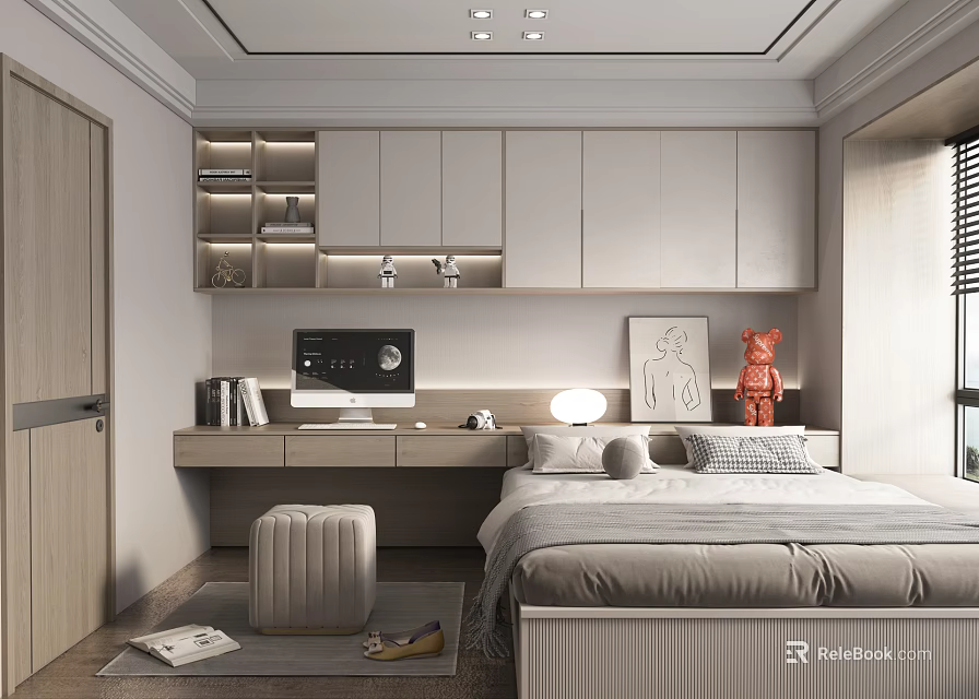 Cozy Modern Tatami Bedroom With Tatami Bed Desk Storage Cabinets And Soft Lighting 3d model 