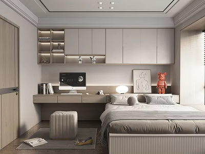 Cozy Modern Tatami Bedroom With Tatami Bed Desk Storage Cabinets And Soft Lighting 3d model