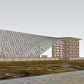 Modern Garden Landscape With Wooden Structure Transparent Curved Roof And Grassland Trees