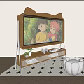 Cat Ear Wooden Frame TV Shows Anime In Cozy Living Room With Stand Plants Books