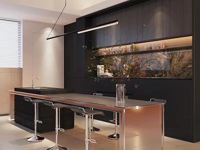 Modern Restaurant Interior With Black Cabinets Hanging Light Island Counter And Bar Stools 3d model