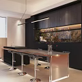 Modern Restaurant Interior With Black Cabinets Hanging Light Island Counter And Bar Stools