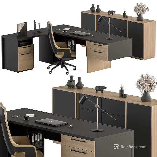 Modern Office Desk Setup With Ergonomic Chair Desk Lamp And Decorative Items 3d model 