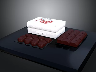 Delicious Dark Chocolate Pieces Arranged With White Gift Box On Tray 3d model