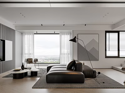 Sleek Modern Minimalist Living Room Interior With Dark Leather Sofa And Large Panoramic Window 3d model