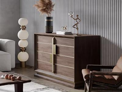 Modern Wooden Entryway Cabinet Sideboard with Golden Accents Drawers Decorative Items Floor Lamp and Sofa 3d model