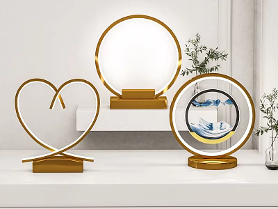 Modern Table Lamps with Heart Round Shapes Golden Bases White Illuminated Shades and Potted Plant 3d model
