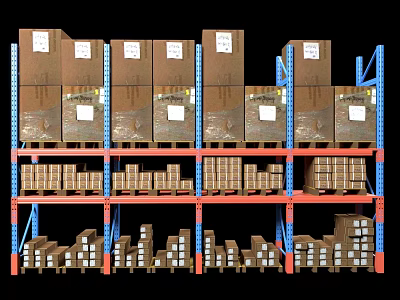 Industrial Multi Tier Display Shelves For Organized Storage With Stacked Cardboard Boxes 3d model