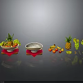 Fruit Plates Holding Pineapple Grapes Bananas Apples And Oranges