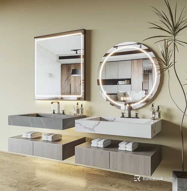 Modern Double Washbasins With Marble Countertops Backlit Mirrors Storage Cabinets Towels And Plant 3d model 