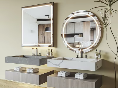 Modern Double Washbasins With Marble Countertops Backlit Mirrors Storage Cabinets Towels And Plant 3d model