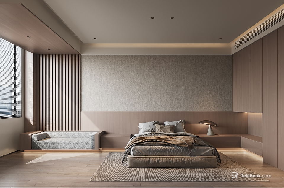 Modern Hotel Room Interior With Neutral Tones Wooden Elements Built-in Cabinets And Natural Light 3d model 