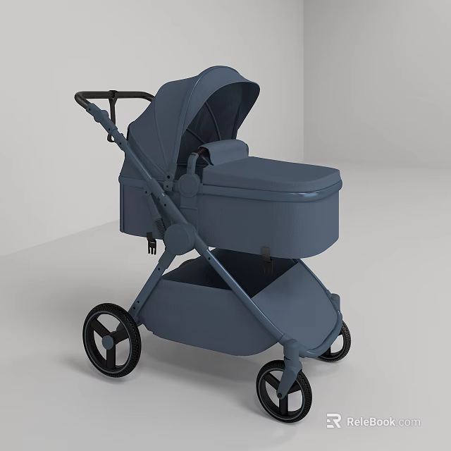 Blue Modern Baby Stroller With Comfortable Seat And Black Wheels 3d model 
