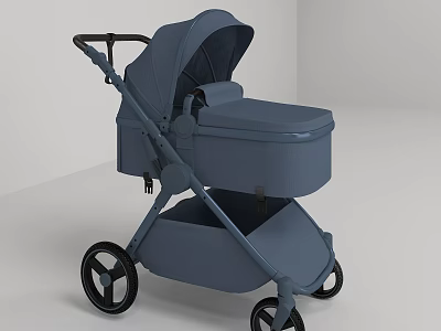 Blue Modern Baby Stroller With Comfortable Seat And Black Wheels 3d model