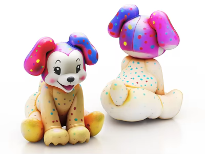 Colorful Sitting Stuffed Dog Plush Toys with Pink Purple Ears Yellow Dots on White Background 3d model