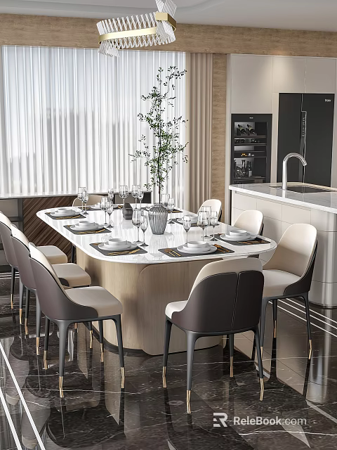 Elegant Modern Restaurant Interior With Marble Dining Table Comfortable Chairs And Delicate Tableware 3d model
