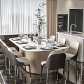 Elegant Modern Restaurant Interior With Marble Dining Table Comfortable Chairs And Delicate Tableware 3d model