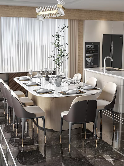 Elegant Modern Restaurant Interior With Marble Dining Table Comfortable Chairs And Delicate Tableware 3d model