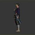Man with One Shoulder Exposed Tattooed Arm Red Waist Belt Sword and Wooden Clogs Standing
