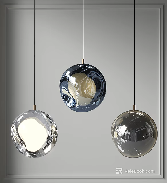Modern Three Spherical Pendant Lights With Transparent Dark And Silver Design 3d model