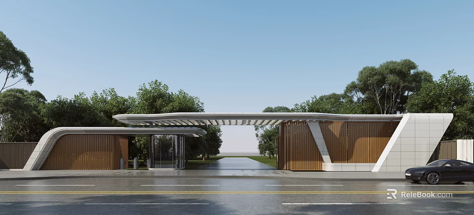 Sleek Modern Community Entrance Gate Design With Wooden Facade And Lush Surrounding Green Trees 3d model 