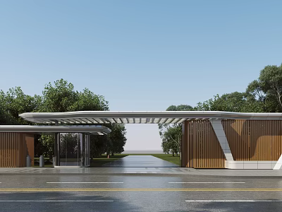 Sleek Modern Community Entrance Gate Design With Wooden Facade And Lush Surrounding Green Trees 3d model