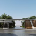 Sleek Modern Community Entrance Gate Design With Wooden Facade And Lush Surrounding Green Trees