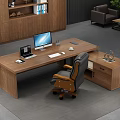 Wooden Office Desk with Computer Monitor Laptop Keyboard Mouse Ergonomic Chair and Bookshelf