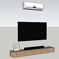 Modern Wooden TV Stand With Flat Screen TV Photo Frame And Soundbar On White Wall