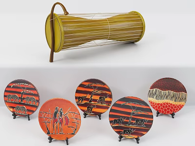 Traditional Cylindrical Stringed Instrument And Painted Circular Plates With Artistic Patterns 3d model