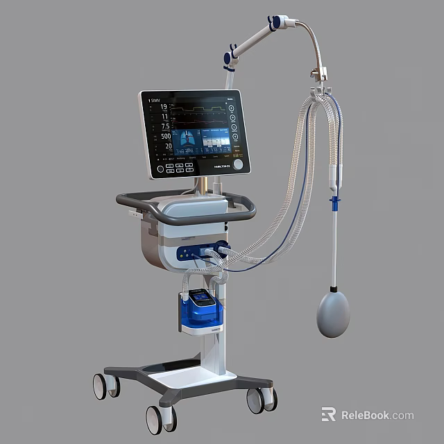 Hospital Outpatient Clinic Modern Ventilator With Digital Display Mobile Cart And Tubing 3d model 