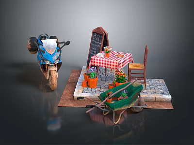 Outdoor Café Scene With Blue Motorcycle Chalkboard Table Chair Flower Pots And Wheelbarrow 3d model