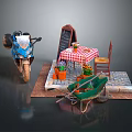 Outdoor Café Scene With Blue Motorcycle Chalkboard Table Chair Flower Pots And Wheelbarrow