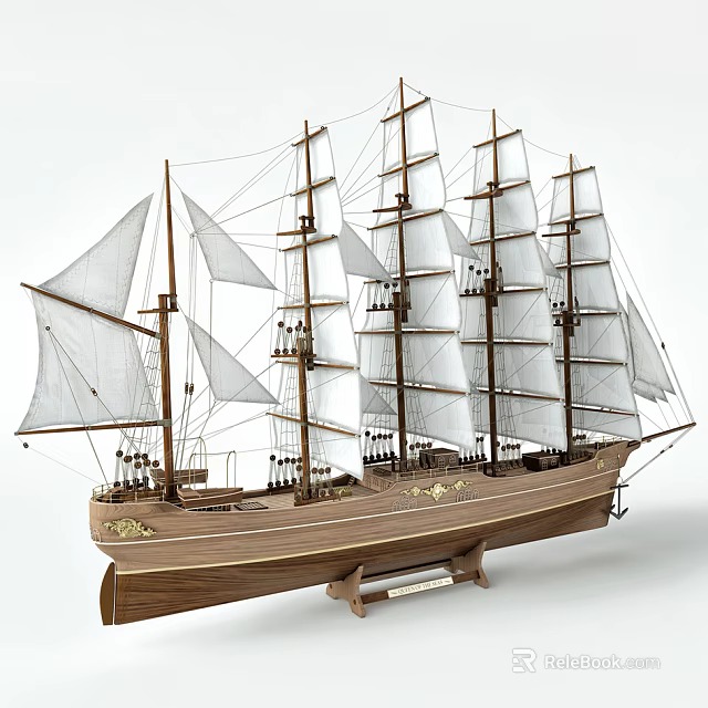 Wooden Sailboat Model With Multiple Masts White Sails And Golden Decorations On Stand 3d model 