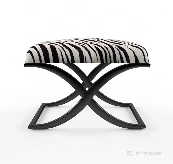 Stylish Zebra Print Ottoman With Upholstered Cushion And Black Crossed Metal Frame 3d model 