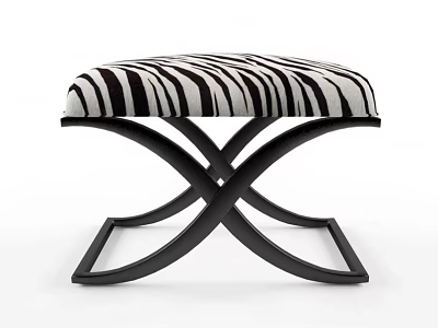 Stylish Zebra Print Ottoman With Upholstered Cushion And Black Crossed Metal Frame 3d model