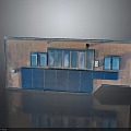 Red Brick Building Exterior With Blue Garage Door And Multiple Glass Windows