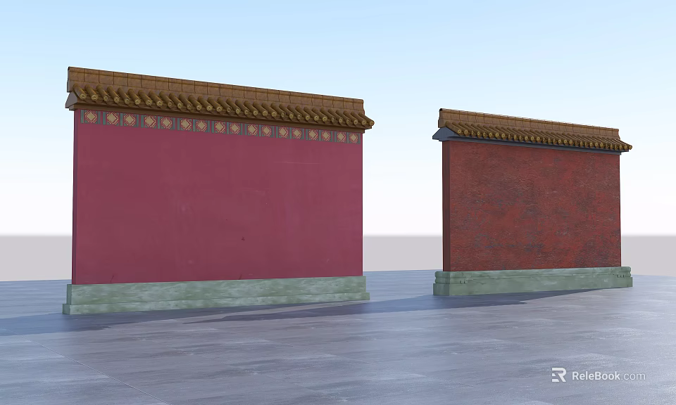 Traditional Red And Brick Red Feature Walls With Yellow Decorative Tops And Green Bases 3d model 
