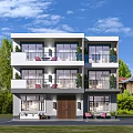 Modern Detached House with Large Glass Windows Balconies Surrounded by Green Plants and Lawn