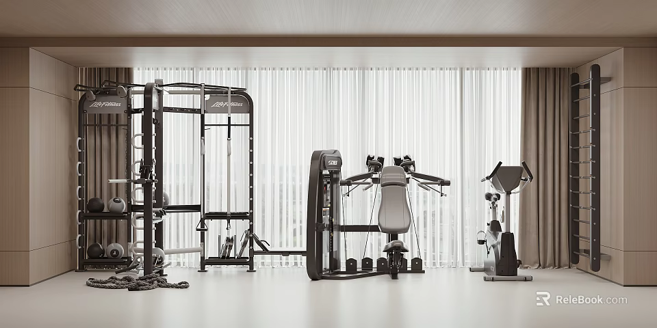 Premium Modern Fitness Gym Featuring Various Training Equipment And Large Windows 3d model 