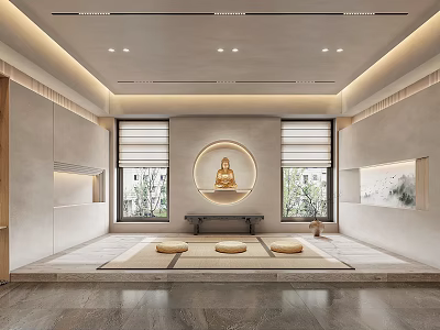 Serene Buddhist Meditation Space With Buddha Statue And Tatami Area 3d model
