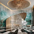 Modern Luxury Sales Office Interior With Piano Crystal Chandelier Blue Wall And Black White Tiles