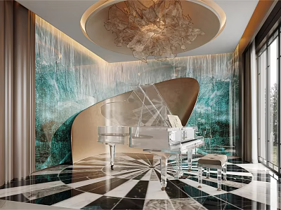 Modern Luxury Sales Office Interior With Piano Crystal Chandelier Blue Wall And Black White Tiles 3d model